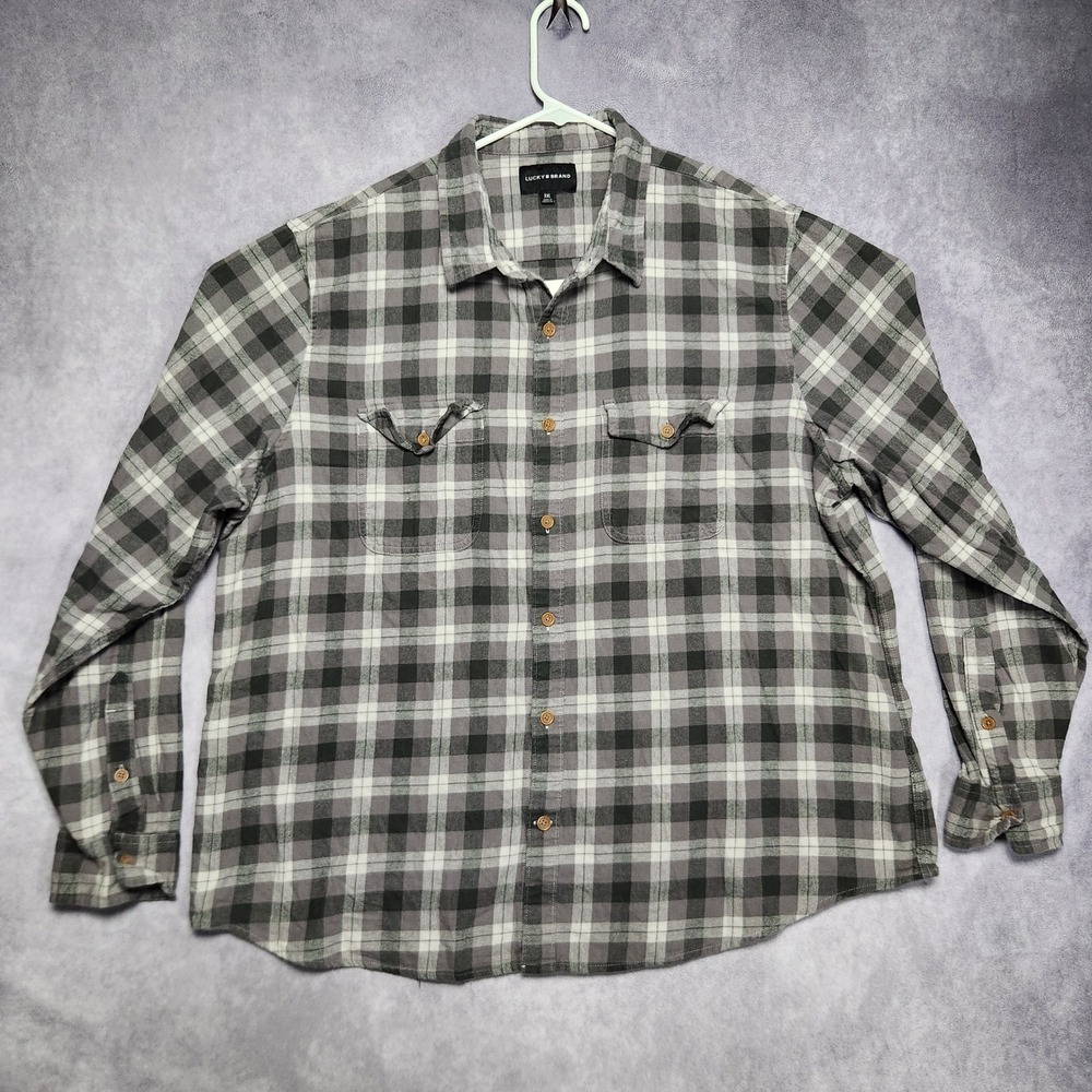 Lucky Brand Mens XXL Gray Plaid Flannel Button Down Shirt Cotton Long Sleeve